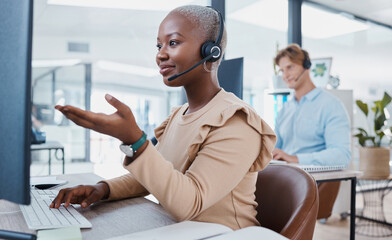 Call center, customer service and support with an agent working to help on a call online in her office. Contact us, telemarketing and consulting with a consultant in a headset giving helpful advice - obrazy, fototapety, plakaty