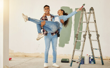 Diy, home improvement and wall painting with happy couple renovating house and having fun together....