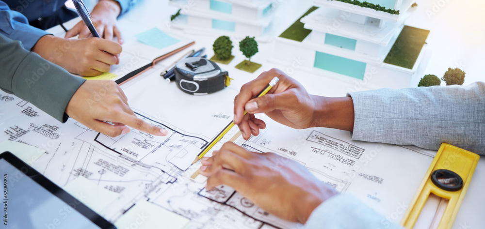 Aufkleber architect hands working on architecture design, blueprint or floor plan engineering with paper, penc