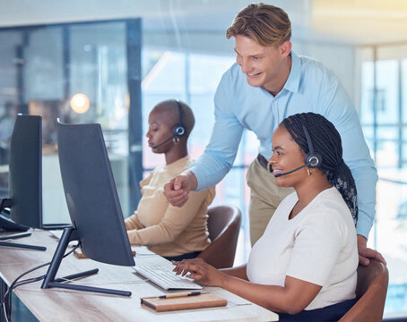 Crm customer support training and web help worker with teacher on an online 5g internet phone call. Portrait of a happy call center office employee with headset and digital tech consulting coach - Powered by Adobe
