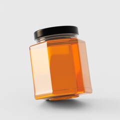Presentation, social advertising, package design. 6 charcoal square glass jar with honey on the table. 3d illustration, render, premium mockup.