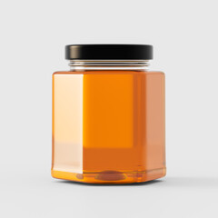 Presentation, social advertising, package design. 6 charcoal square glass jar with honey on the table. 3d illustration, render, premium mockup.
