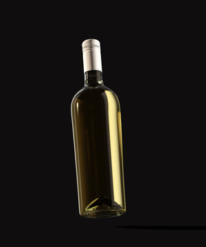 3d render. Bottle of white wine float on a black background. Mock up