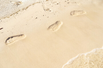 Fototapeta na wymiar beach, wave and footprints at sunset time. Footprints at sunset with golden sand. beach, wave and footsteps at sunset time