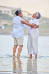 Beach dance, senior couple and comic man and woman standing in sea or ocean water and hugging at...