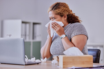 flu, covid and sick corporate employee suffering with a cold or flu, working on laptop, blow nose or sneezing in an office. Young assistant experience allergy, sinus, illness or disease symptoms