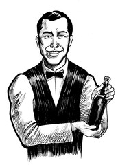 Waiter with a bottle of wine. Ink black and white drawing