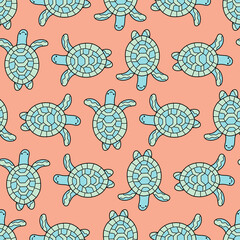 Pastel green-blue turtles on orange seamless pattern vector. Cute cartoon sea turtles on sand regular surface design. Funny surface design with linear sea reptile animals vector