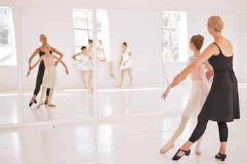 Ballet, student and teacher in dance studio training and motivation support looking in mirror at...