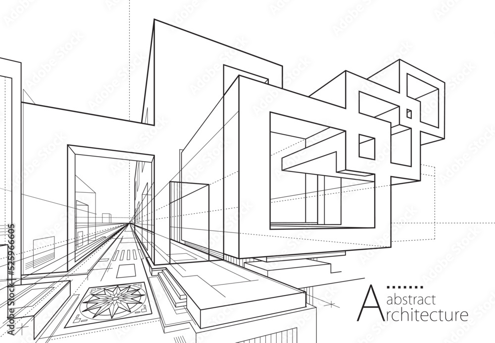 Poster 3d illustration of imagination architecture building construction perspective design, black and whit