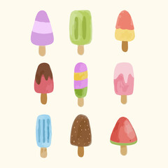 Watercolor set of ice cream. Hand-drawn vector illustration.