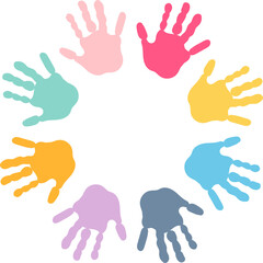 Circle spiral of colorful hand prints made by children.