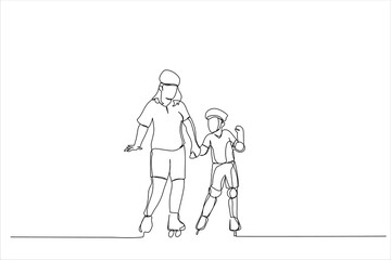 Cartoon of Dad with his little daughter on the rollerblades skates. Single continuous line art style