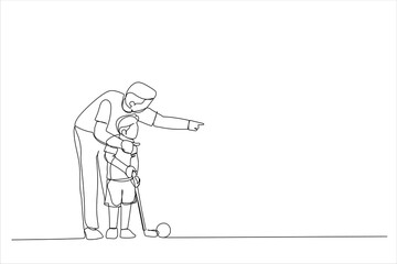 Illustration of father teaching his son how to play golf. One line art style