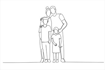 Fototapeta na wymiar Drawing of young family with two children standing together. Single line art style