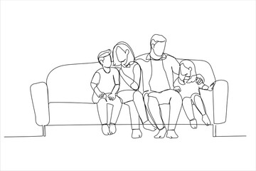 Cartoon of affectionate young parents relaxing on sofa, cuddling small children. Continuous line art