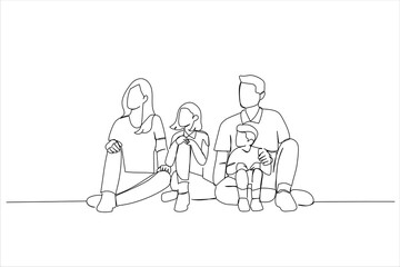 Illustration of happy family with two kids playing into new home. One line style art