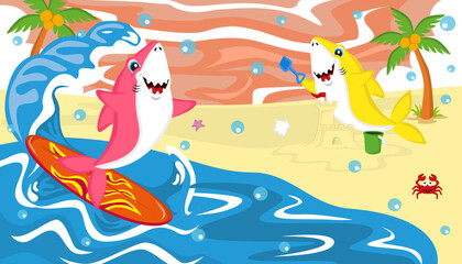 cute shark illustration playing surfing and making sandcastle on the beach, eps, vector, editable