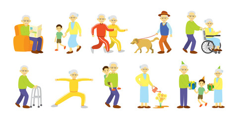 grandparents daily activities, reading newspapers, walking with grandchildren, exercising and others, suitable for children's story books, stickers, mobile applications, games, websites, posters