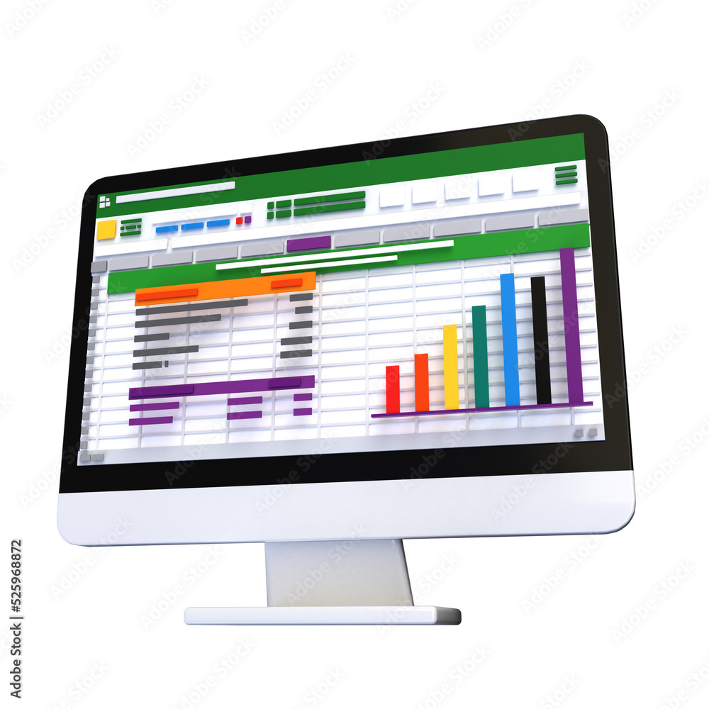 Poster spreadsheet on computer screen 3d render icon. financial accounting report concept. office things fo
