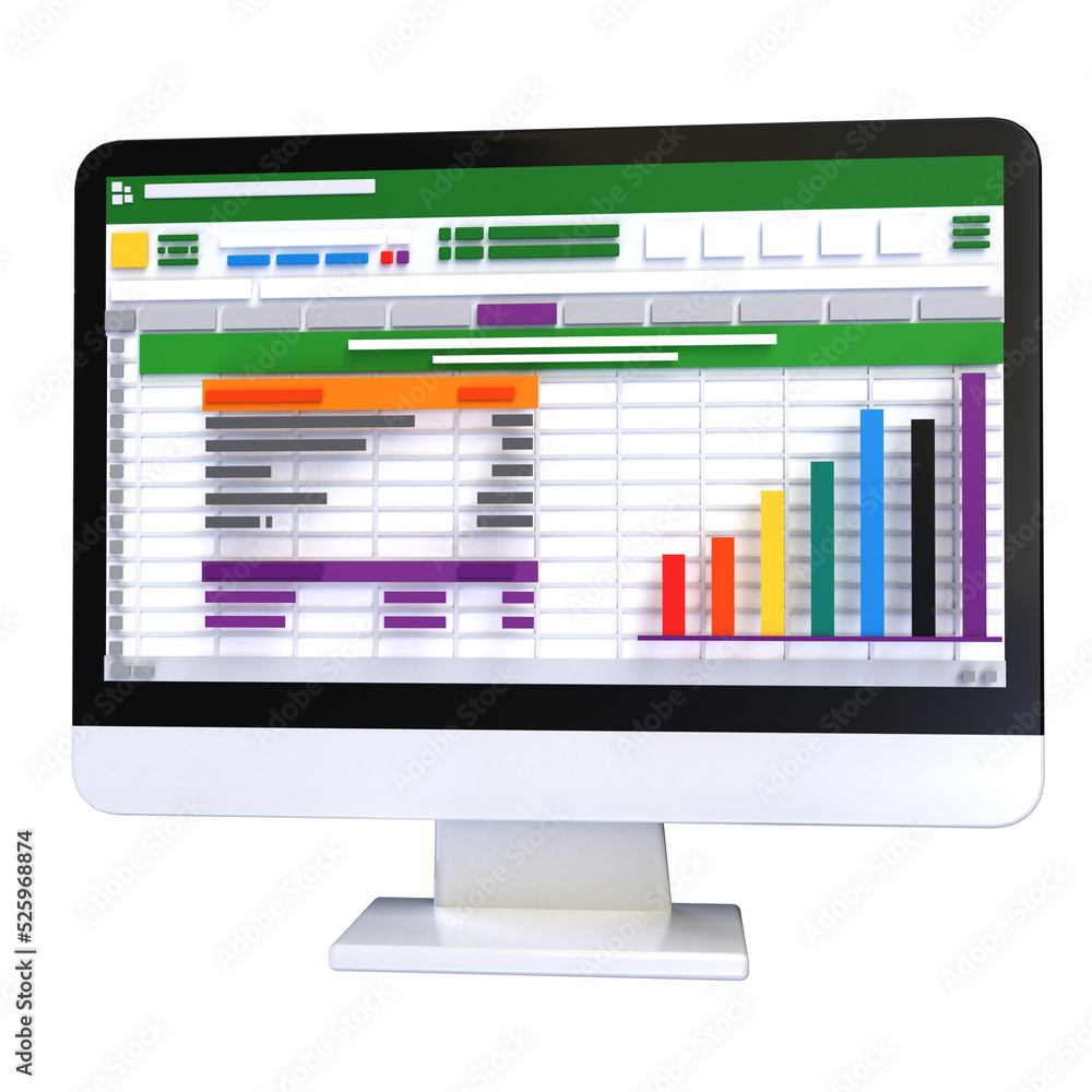 Poster spreadsheet on computer screen 3d render icon. financial accounting report concept. office things fo