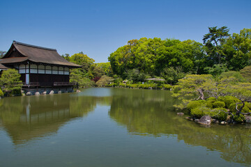 The garden pond beside the shrine building inside the Heian-Jingu shrine.  Kyoto Japan
