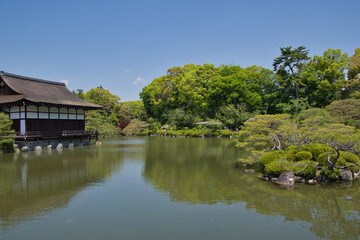 The garden pond beside the shrine building inside the Heian-Jingu shrine.  Kyoto Japan
