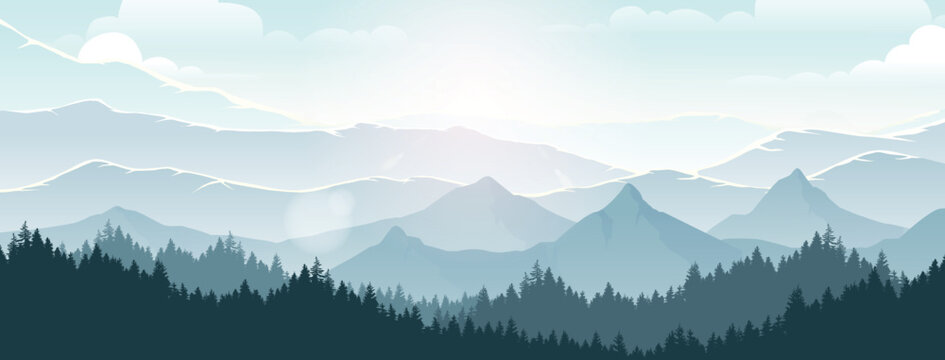 Mountain landscape and pine forest under the morning sky.
