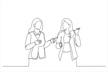 Drawing of two serious diverse female colleagues team talk walk in modern office. Single continuous line art