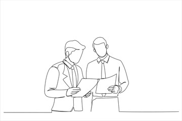 Cartoon of two businessmen discussing project. Continuous line art style