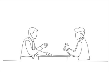 Drawing of business meeting of two partners talking about new ideas, working together at office desk. Single line art style
