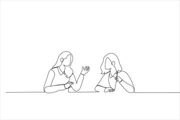 Cartoon of enthusiastic employee sharing new project ideas with female boss. Single continuous line art style