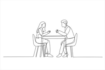 Illustration of two serious people in formal wear sitting in front of each other at long desk in the office while discussing something. One line art style