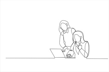 Cartoon of two happy businesswomen coworking in a desktop at office. Single continuous line art style