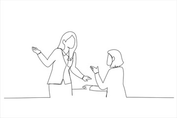 Illustration of happy business woman discussing at office desk. One line art style