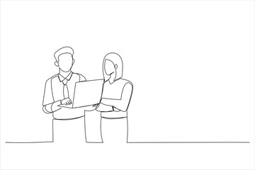 Cartoon of asian businessman and businesswoman looking at laptop computer. Continuous line art