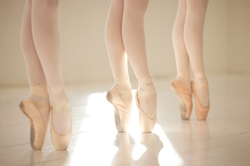 Ballet dance woman legs in studio training, exercise and working on performance for competition....