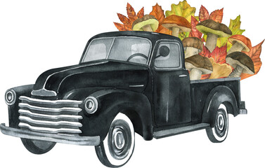 Watercolor retro truck with harvest - pumpkin vegetables. Hand painted vintage retro car illustration perfect for thanksgiving card making, wedding invitation and fall autumn postcards 