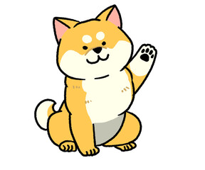 片手を挙げている茶色の柴犬