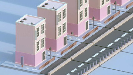 Simple 3d render of a street view in simple 3d modelling style