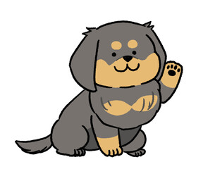 片手を挙げている黒いダックス