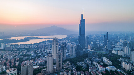 Aerial photography of Nanjing business district and Zifeng Building in Jiangsu Province, China