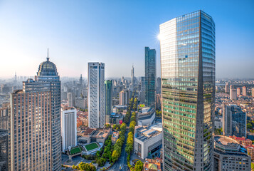 Aerial photography of downtown and Xinjiekou business district of Nanjing City, Jiangsu Province, China