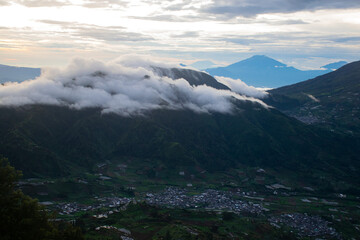 Sunrise at the peak of Si Kunir in the Dieng Plateau, Wonosobo, Central Java Indonesia
