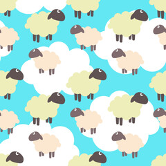 Sheep and cloud dreamy seamless pattern. Happy cartoon abstract surface. Animal character vector illustration.