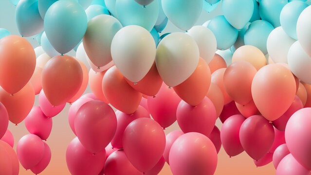 Youthful Carnival Wallpaper, with Coral, Pink and Aqua Balloons. 3D Render.