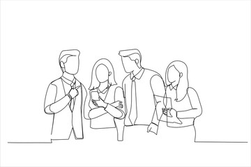 Cartoon of creative businespeople in stylish clothes having live discussion, sharing ideas and talking about business strategy. Single continuous line art style