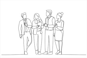 Illustration of business people walk in the office hall. One line art style