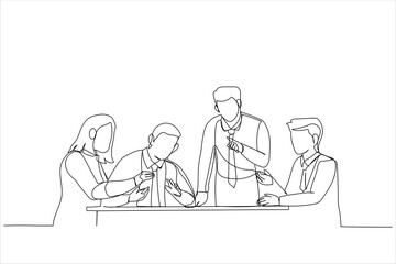 Cartoon of office worker listening colleague during group meeting. Single continuous line art style