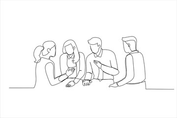 Fototapeta premium Drawing of businesspeople having meeting in office. Single line art style